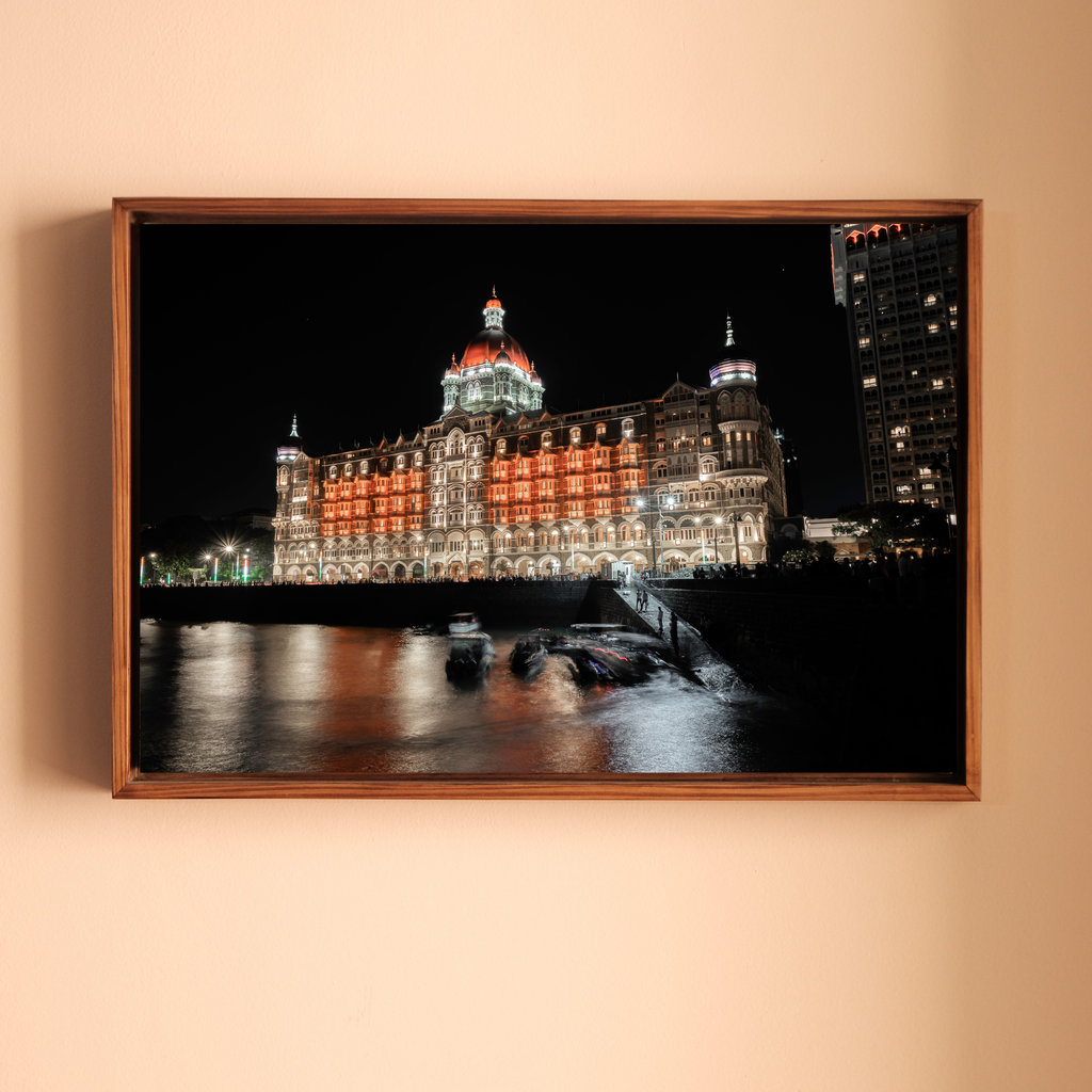 Mumbai Street Photography – Taj Mahal Palace Hotel at Night, Sea Reflections & Twinkling Lights | Fine Art Wall Photography Print