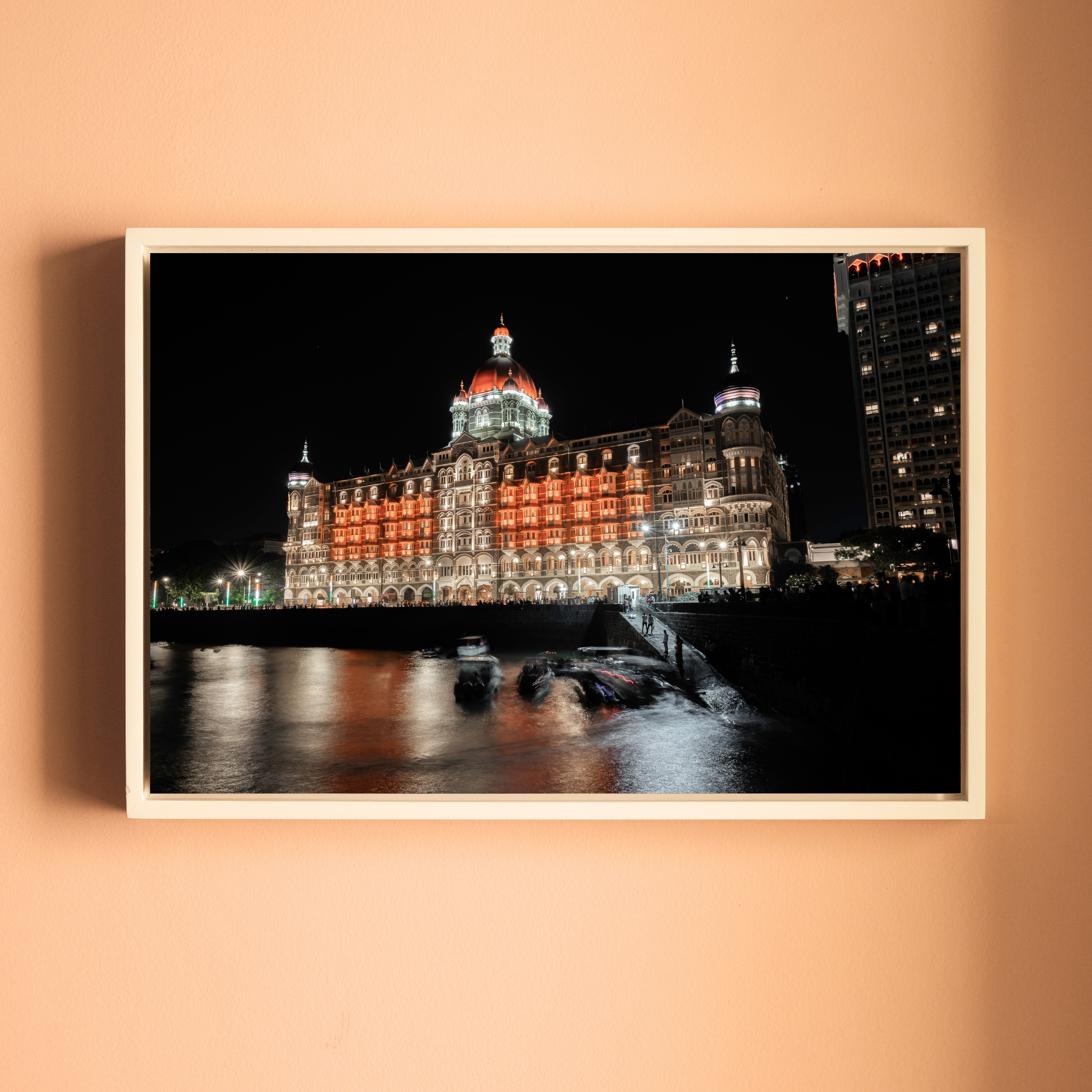 Mumbai Street Photography – Taj Mahal Palace Hotel at Night, Sea Reflections & Twinkling Lights | Fine Art Wall Photography Print