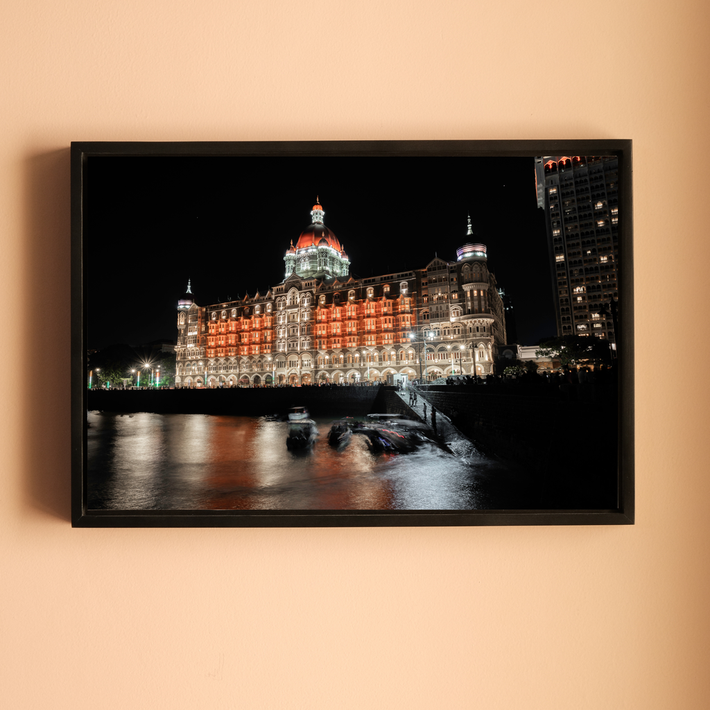 Mumbai Street Photography – Taj Mahal Palace Hotel at Night, Sea Reflections & Twinkling Lights | Fine Art Wall Photography Print