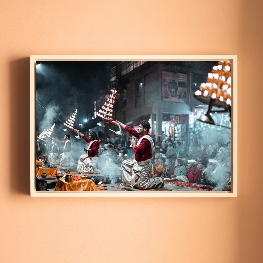 Ganga Aarti Varanasi – The Ethereal Ritual of Fire, Smoke & Devotion | Fine Art Wall Photography Print