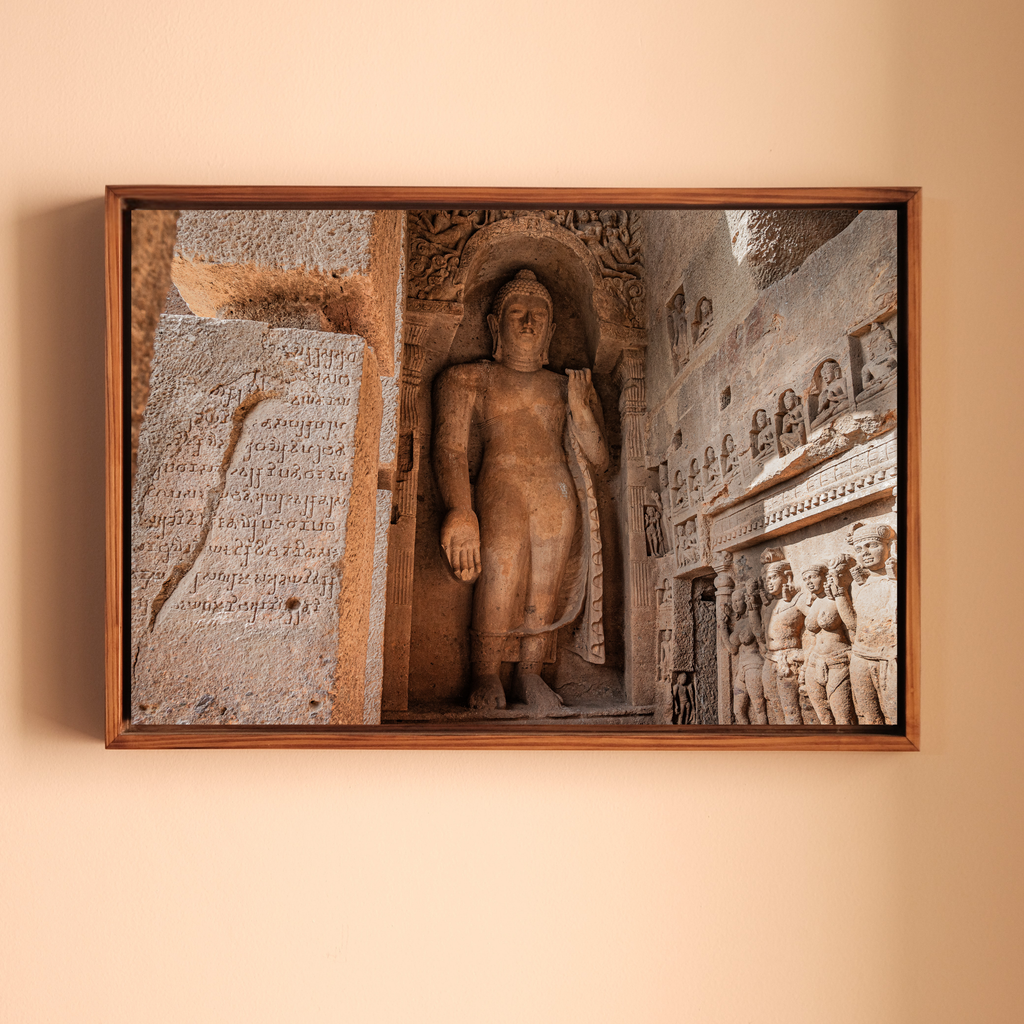 Kanheri Caves – Standing Buddha & Ancient Brahmi Inscription, Mumbai | Fine Art Wall Photography Print