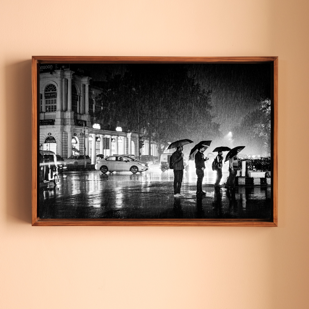 Connaught Place in the Rain – Umbrella Silhouettes on a Monsoon Night, New Delhi | Fine Art B&W Photography Print