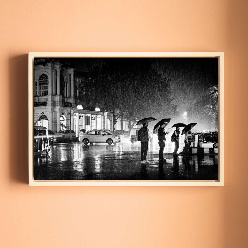 Connaught Place in the Rain – Umbrella Silhouettes on a Monsoon Night, New Delhi | Fine Art B&W Photography Print