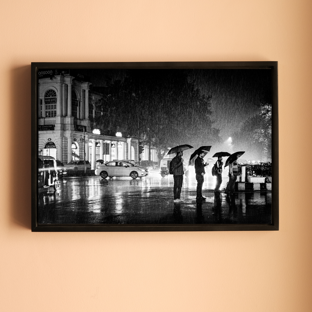 Connaught Place in the Rain – Umbrella Silhouettes on a Monsoon Night, New Delhi | Fine Art B&W Photography Print