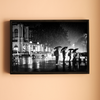 Connaught Place in the Rain – Umbrella Silhouettes on a Monsoon Night, New Delhi | Fine Art B&W Photography Print