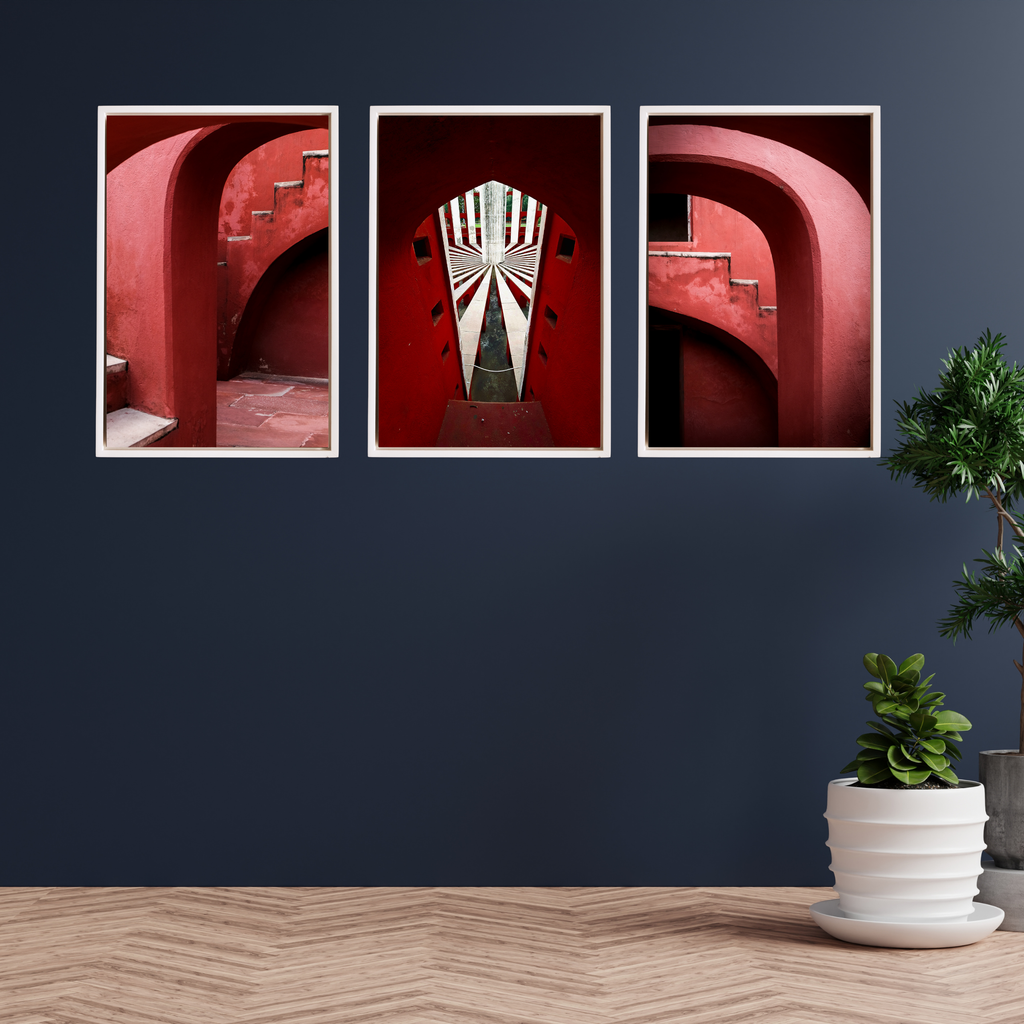 Jantar Mantar, Delhi – Crimson Arches & Vanishing Light | Fine Art Wall Photography Print | Triptych