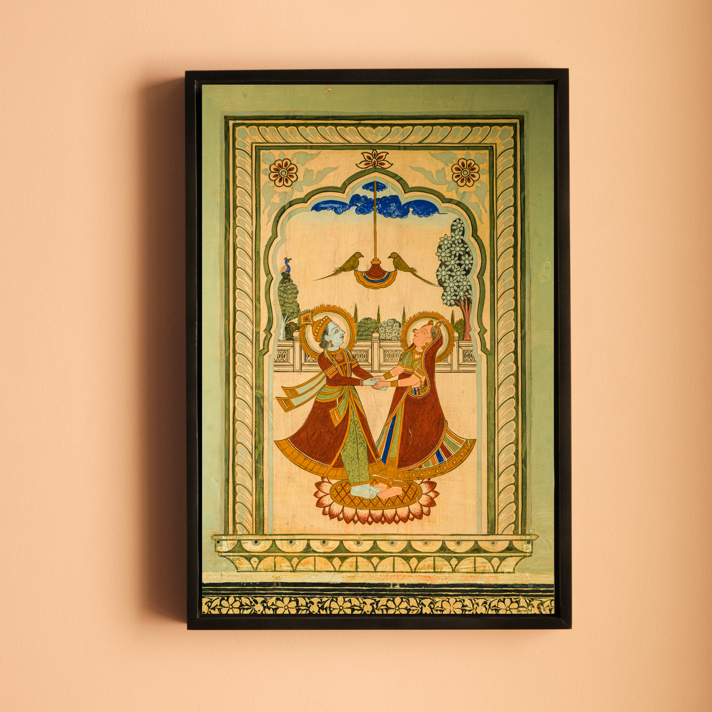 Mandawa Paintings, Shekhawati – Set of 3 | Radha Krishna Jhula, Divine Vishnu & Joyful Celebration | Fine Art Wall Photography Print
