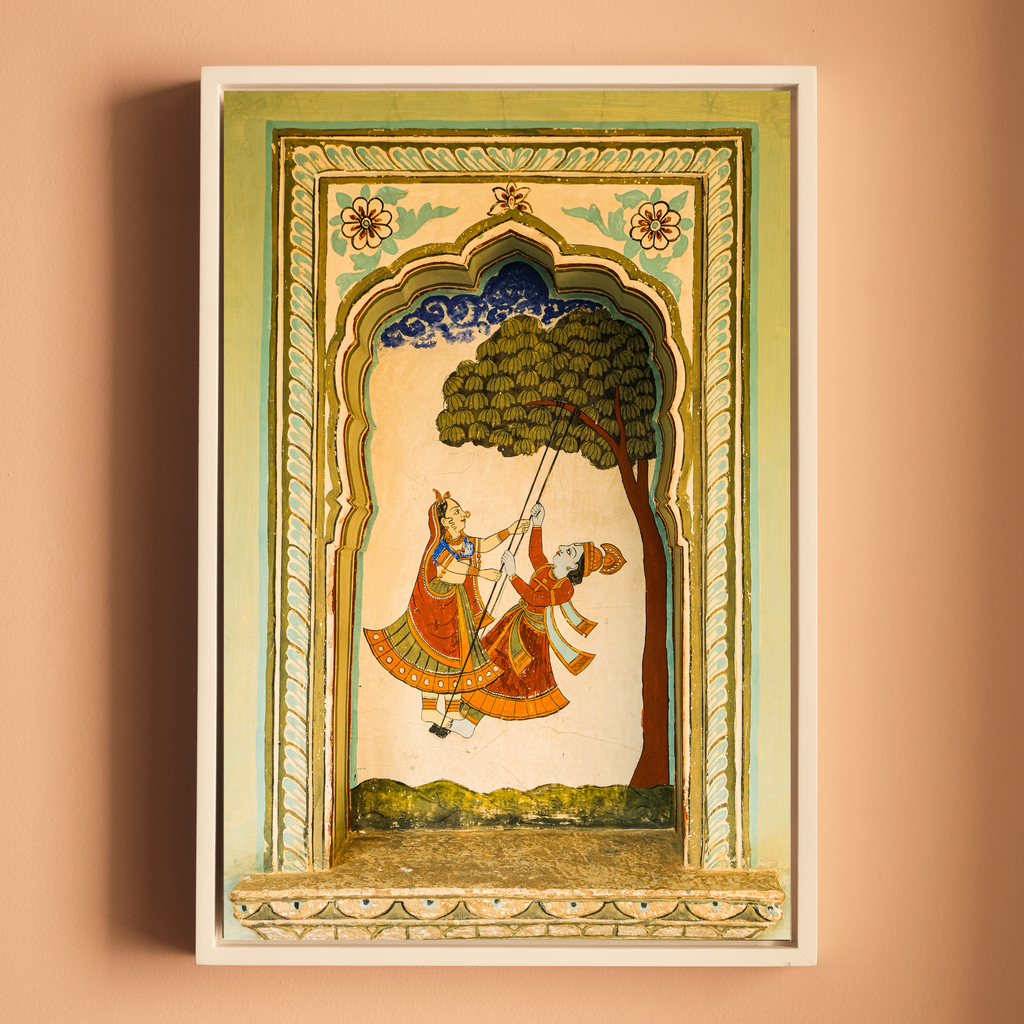 Mandawa Paintings, Shekhawati – Set of 3 | Radha Krishna Jhula, Divine Vishnu & Joyful Celebration | Fine Art Wall Photography Print