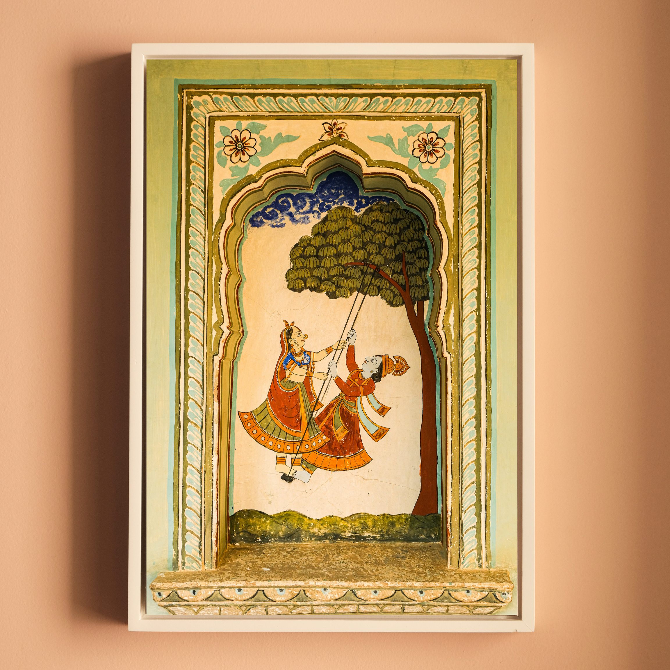Mandawa Paintings, Shekhawati – Set of 3 | Radha Krishna Jhula, Divine Vishnu & Joyful Celebration | Fine Art Wall Photography Print