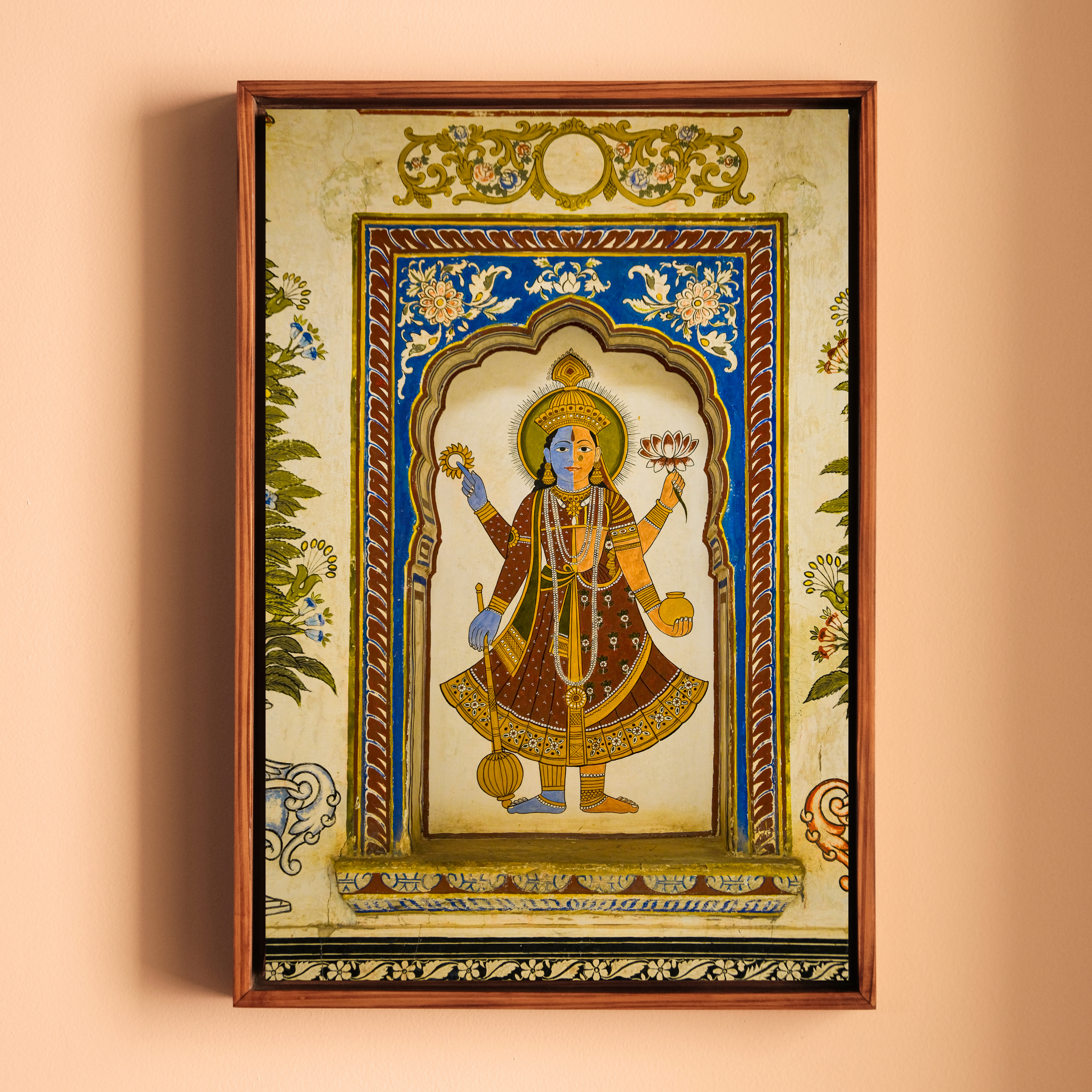 Mandawa Paintings, Shekhawati – Set of 3 | Radha Krishna Jhula, Divine Vishnu & Joyful Celebration | Fine Art Wall Photography Print
