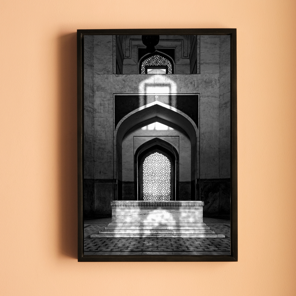 Humayun's Tomb Grave – Shadows, Reflections & Inlays | Black & White Fine Art Print