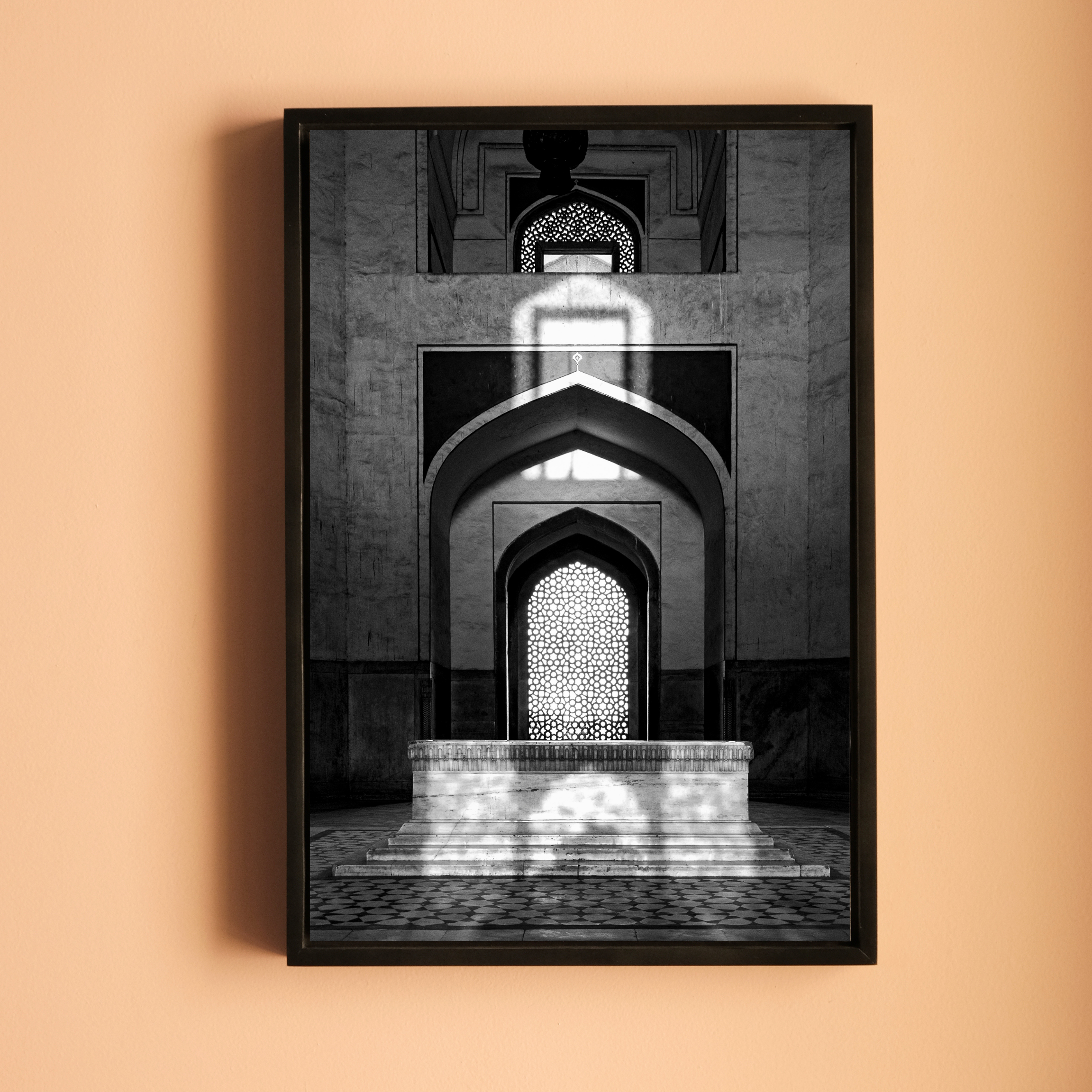 Humayun's Tomb Grave – Shadows, Reflections & Inlays | Black & White Fine Art Print