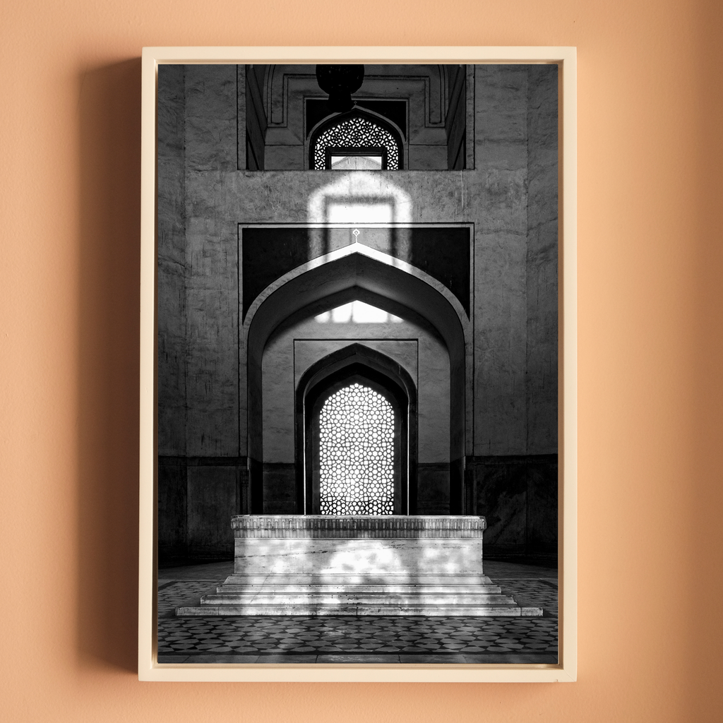 Humayun's Tomb Grave – Shadows, Reflections & Inlays | Black & White Fine Art Print