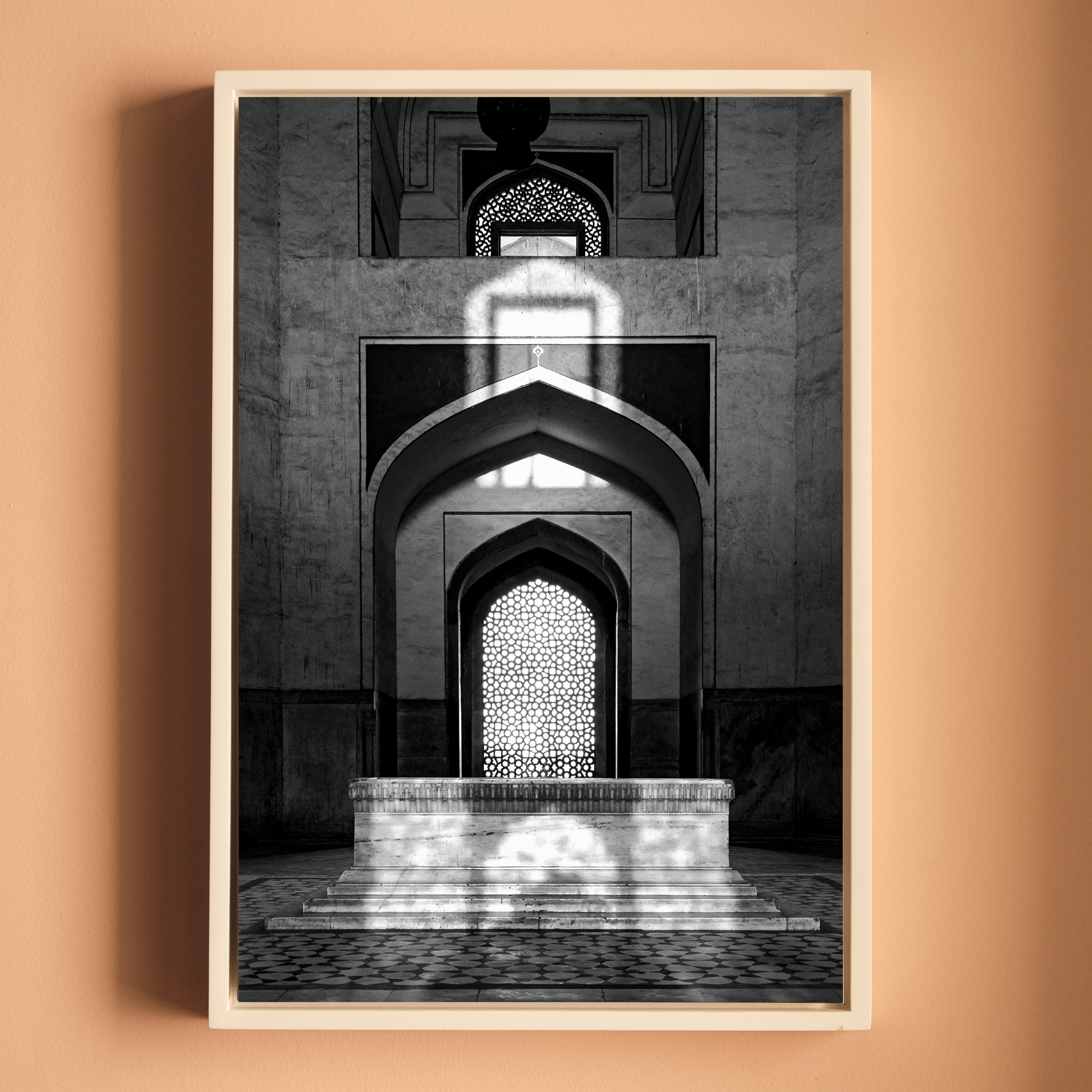 Humayun's Tomb Grave – Shadows, Reflections & Inlays | Black & White Fine Art Print