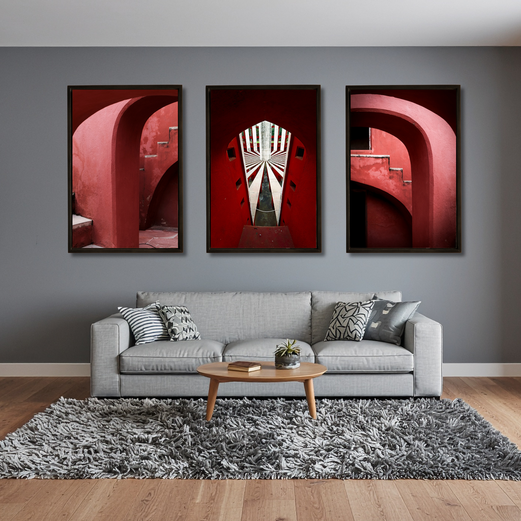 Jantar Mantar, Delhi – Crimson Arches & Vanishing Light | Fine Art Wall Photography Print | Triptych