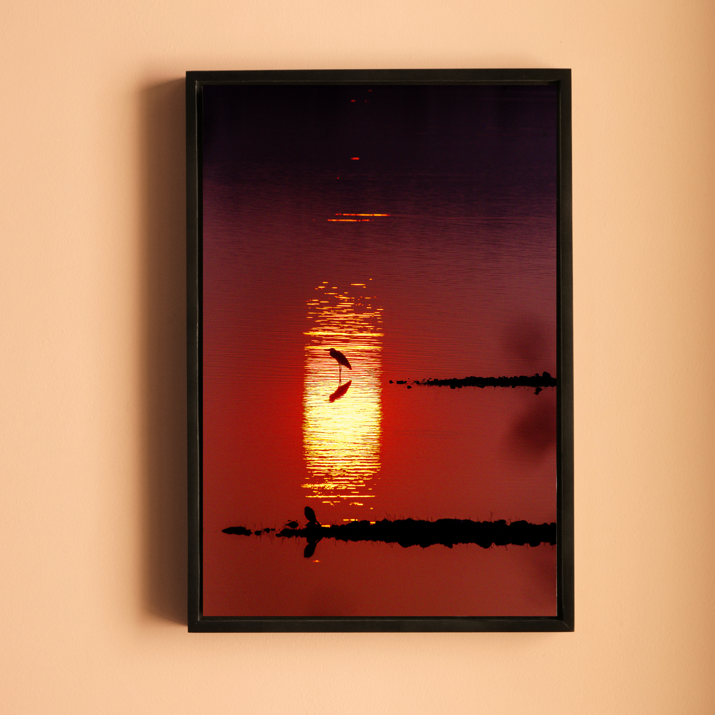 Bird in Silhouette – Sunset Over the Lake | Crimson Reflections Fine Art Wall Photography Print