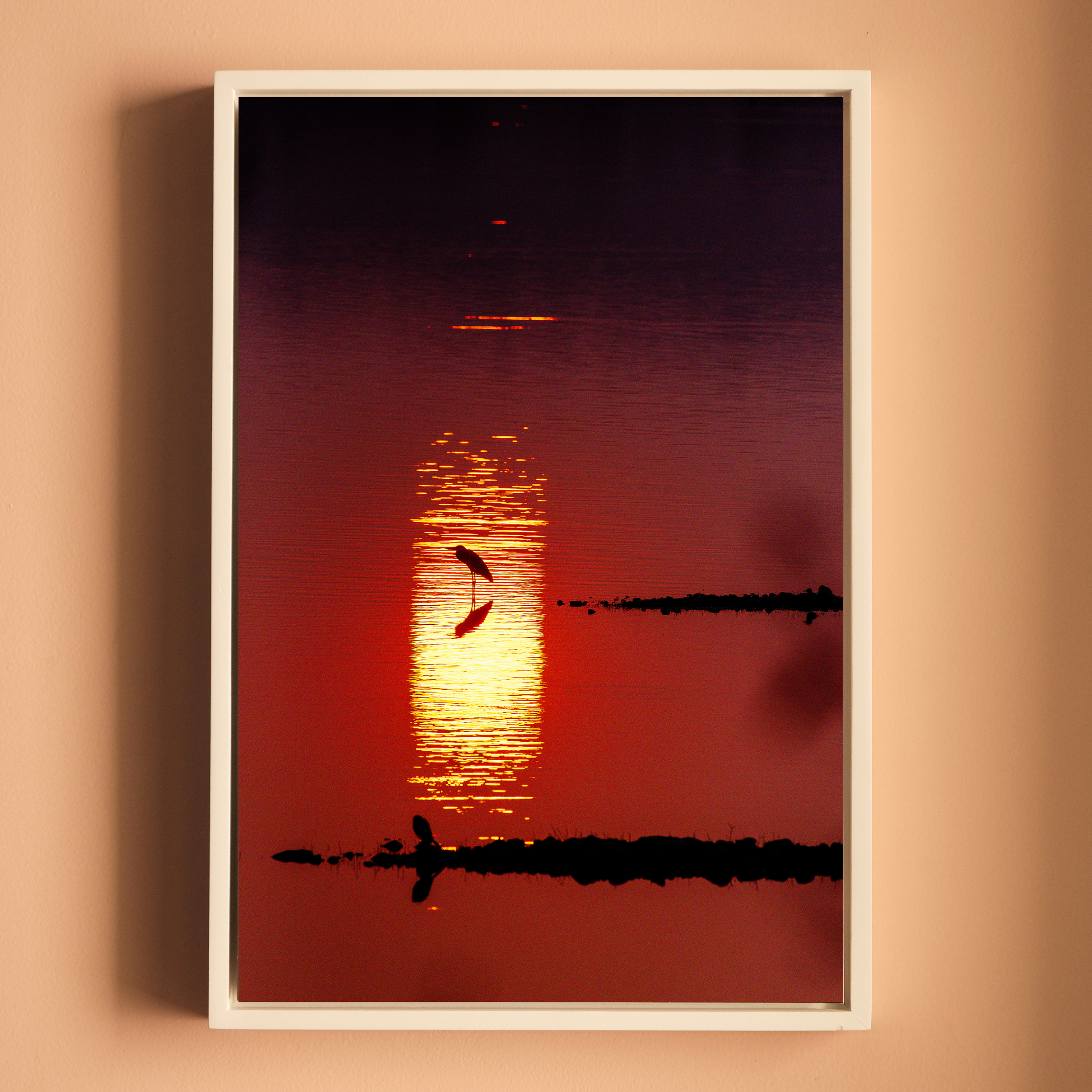 Bird in Silhouette – Sunset Over the Lake | Crimson Reflections Fine Art Wall Photography Print