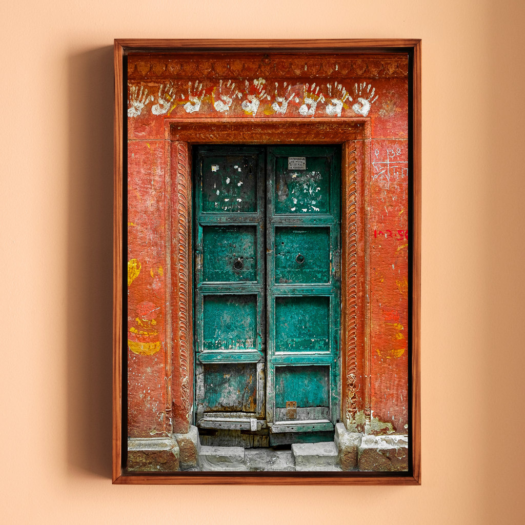 Varanasi – The Green Door of the Sacred Lane | Hindu Devotion Fine Art Wall Photography Print