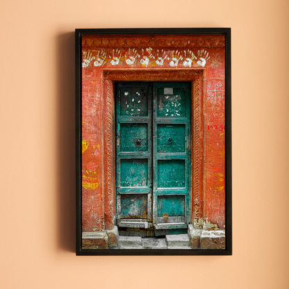 Varanasi – The Green Door of the Sacred Lane | Hindu Devotion Fine Art Wall Photography Print