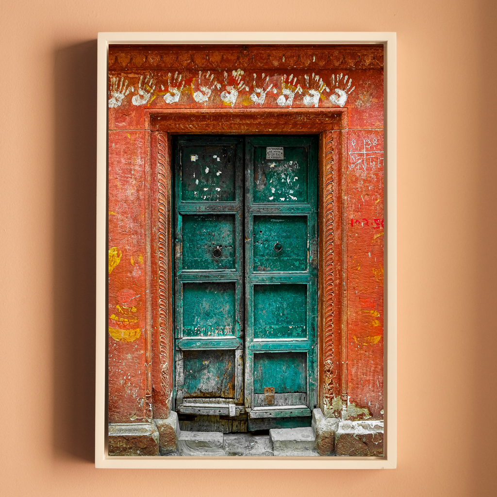 Varanasi – The Green Door of the Sacred Lane | Hindu Devotion Fine Art Wall Photography Print
