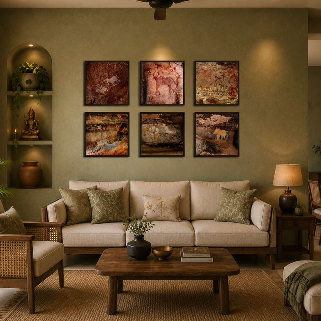 Bhimbetka Rock Art – Set of 6 | Prehistoric Cave Paintings Fine Art Wall Photography Print