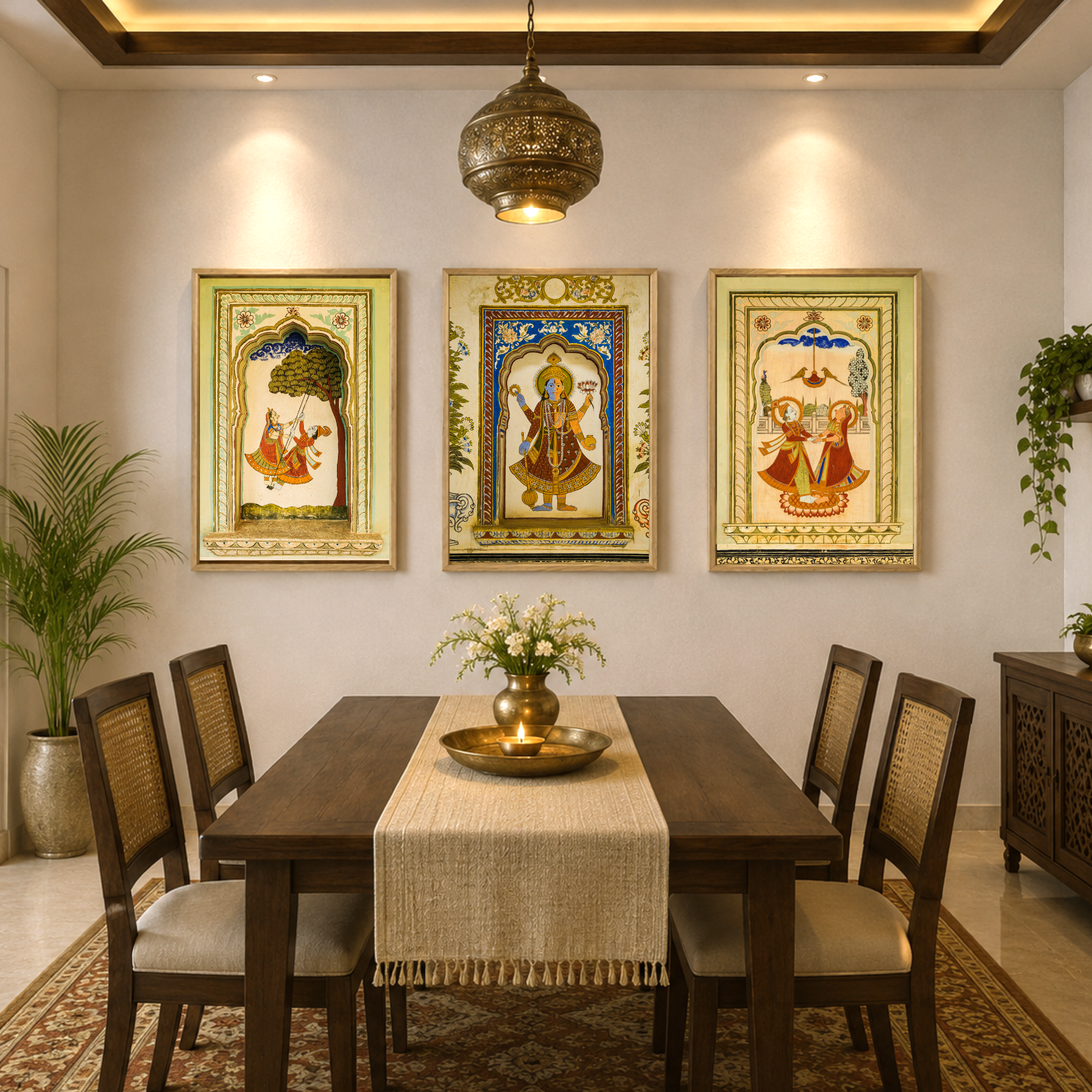 Mandawa Paintings, Shekhawati – Set of 3 | Radha Krishna Jhula, Divine Vishnu & Joyful Celebration | Fine Art Wall Photography Print