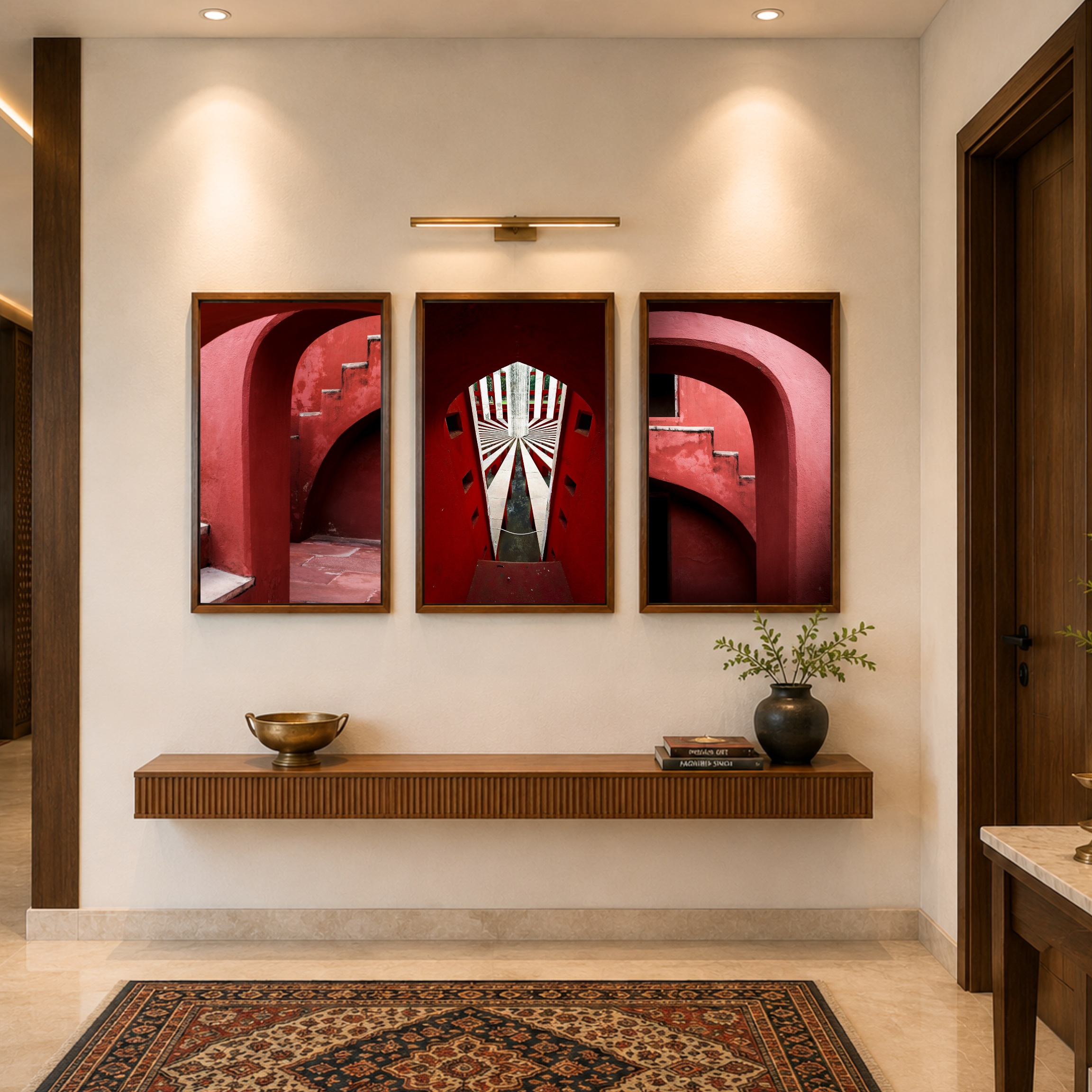 Jantar Mantar, Delhi – Crimson Arches & Vanishing Light | Fine Art Wall Photography Print | Triptych