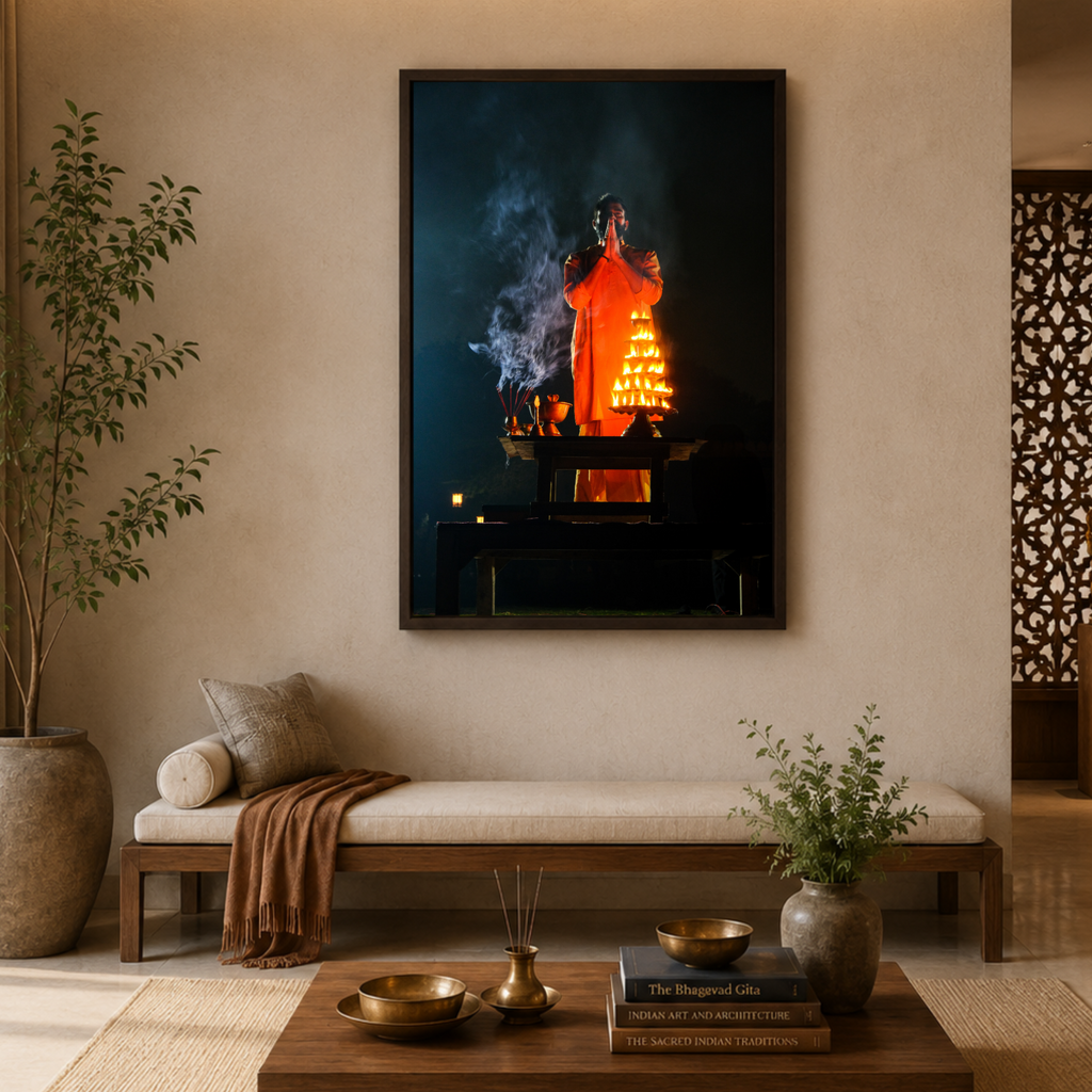 Yamuna Aarti – Priest in Divine Smoke & Night Light | Indian Spiritual Fine Art Wall Photography Print