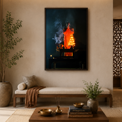 Yamuna Aarti – Priest in Divine Smoke & Night Light | Indian Spiritual Fine Art Wall Photography Print