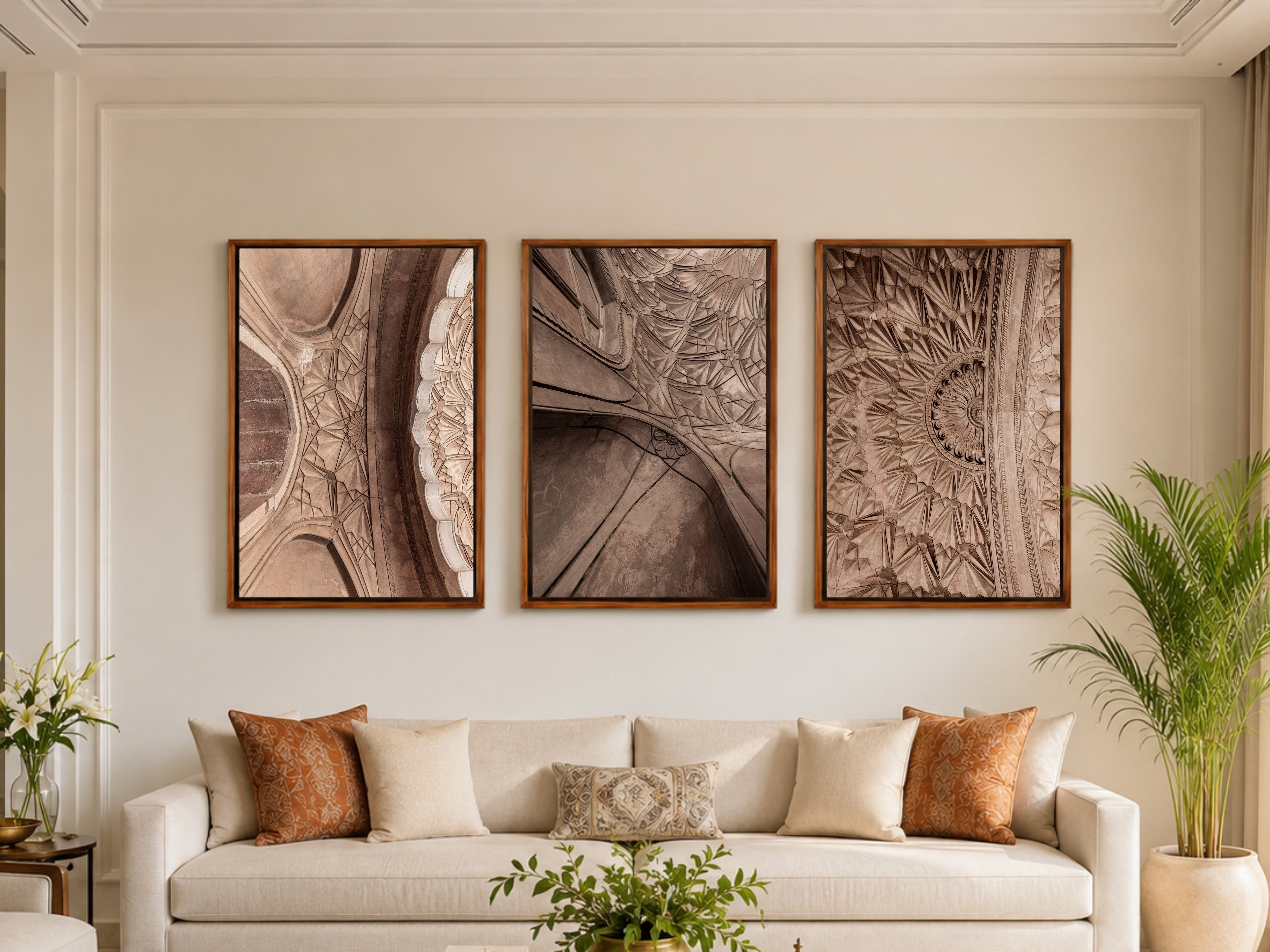 Safdarjung Tomb, Delhi – Vault Relief Triptych | Stucco, Shadow & the Last Flourish of the Mughals | Fine Art Wall Photography Print