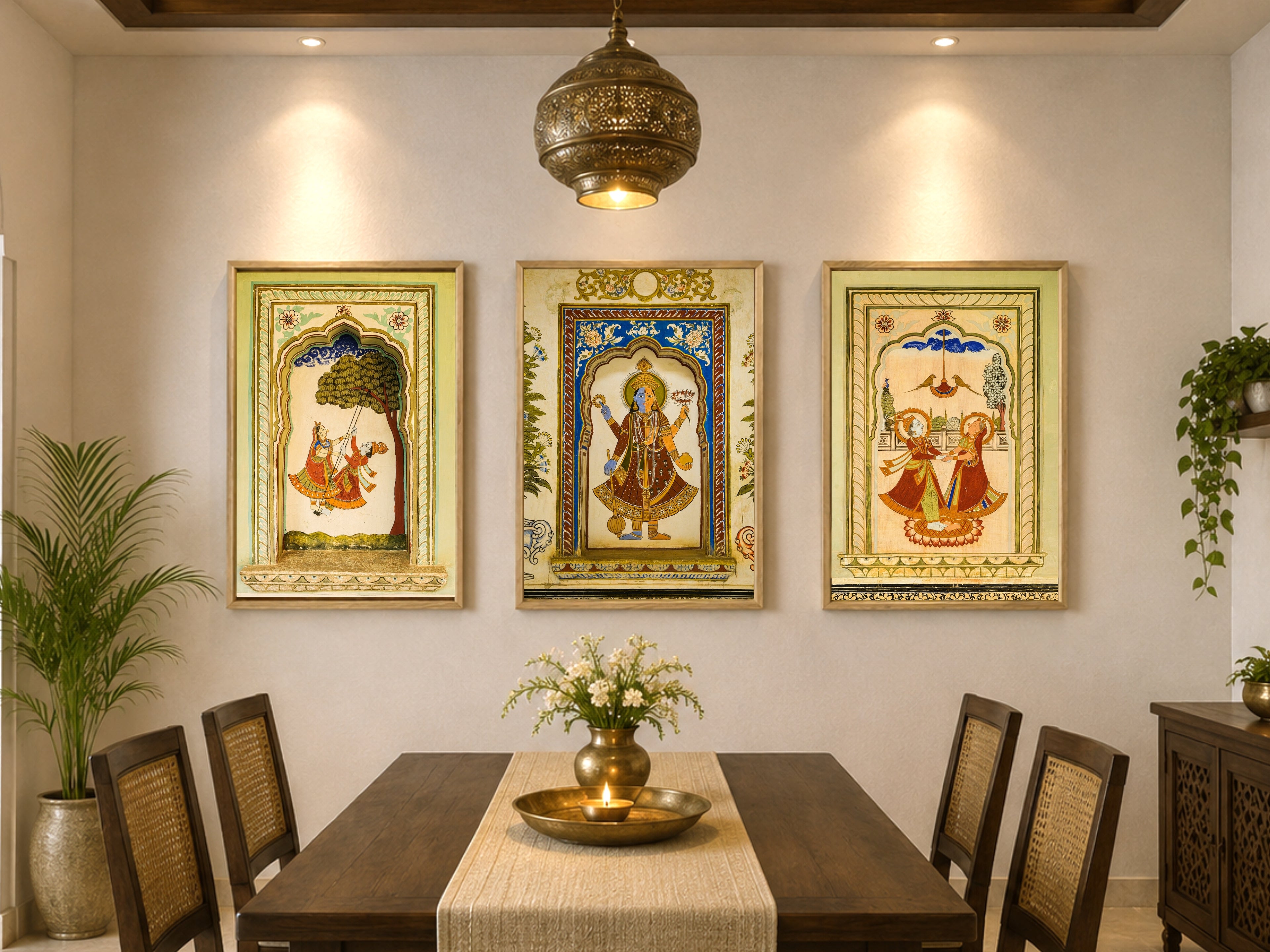Mandawa Paintings, Shekhawati – Set of 3 | Radha Krishna Jhula, Divine Vishnu & Joyful Celebration | Fine Art Wall Photography Print