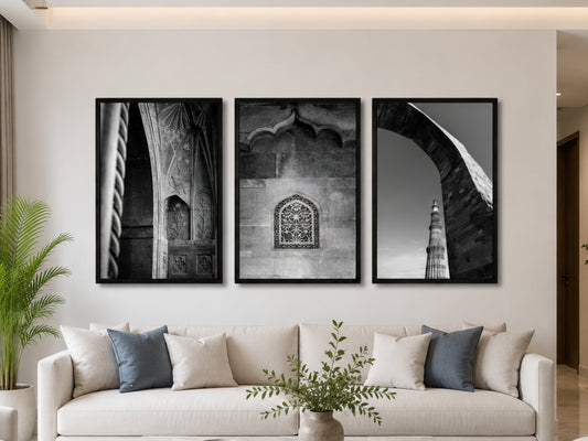 Delhi in Black & White – Red Fort & Qutub Minar | Stone, Shadow & the Soul of a City | Fine Art Wall Photography Print Triptych