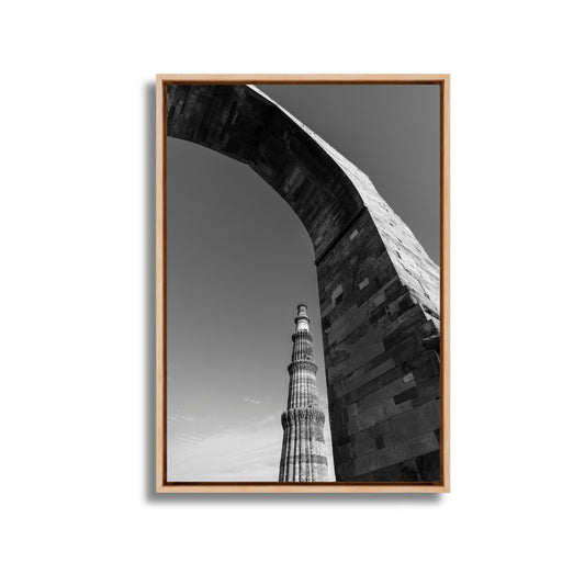Qutub Minar Through the Arches – Black & White | Indian Heritage Fine Art Wall Photography Print