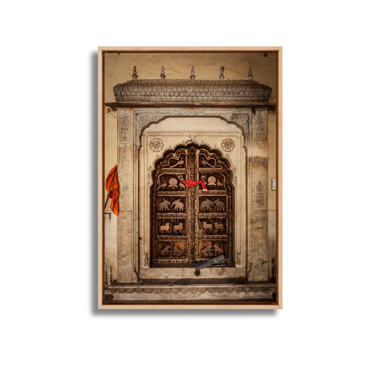 Jaipur Medieval Temple Door – Chhatri Canopy & Dark Brown Doors | Heritage Presence Fine Art Wall Photography Print