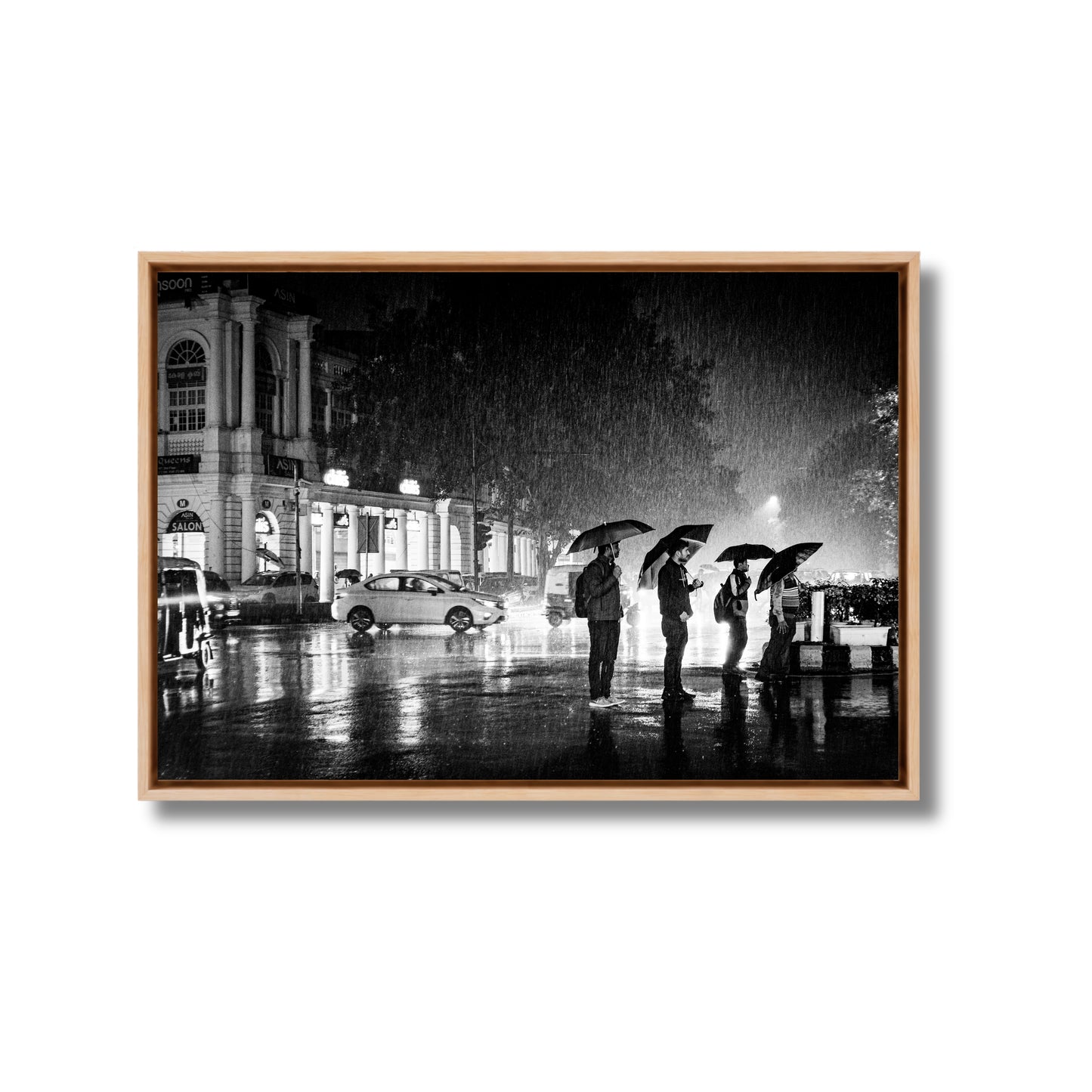 Connaught Place in the Rain – Umbrella Silhouettes on a Monsoon Night, New Delhi | Fine Art B&W Photography Print