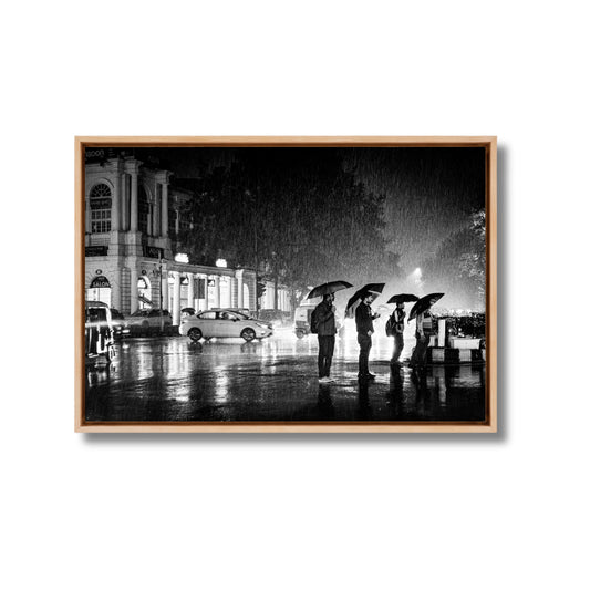 Connaught Place in the Rain – Umbrella Silhouettes on a Monsoon Night, New Delhi | Fine Art B&W Photography Print