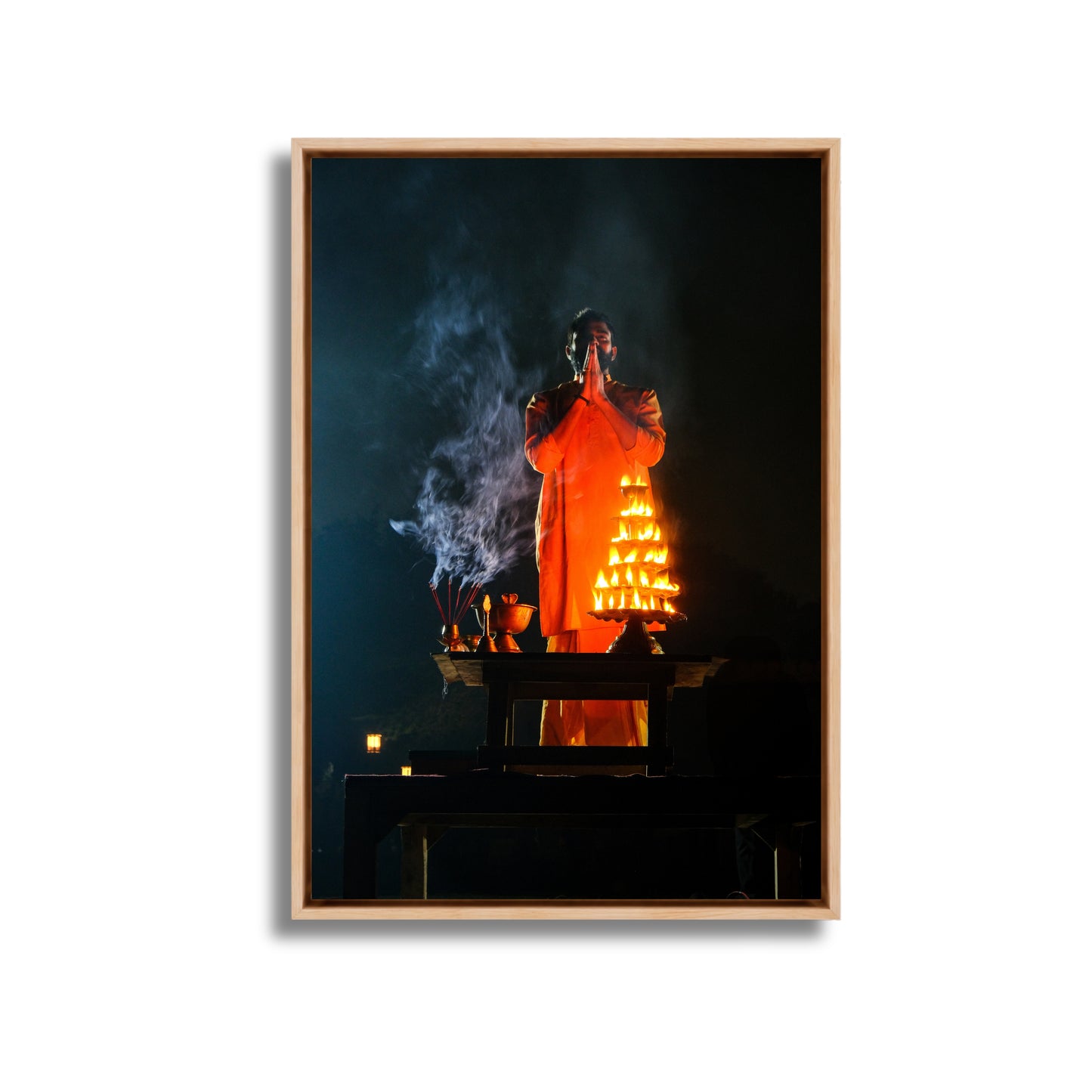 Yamuna Aarti – Priest in Divine Smoke & Night Light | Indian Spiritual Fine Art Wall Photography Print