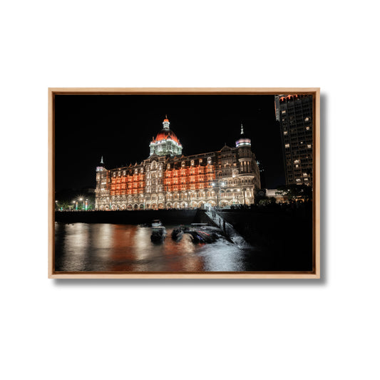 Mumbai Street Photography – Taj Mahal Palace Hotel at Night, Sea Reflections & Twinkling Lights | Fine Art Wall Photography Print