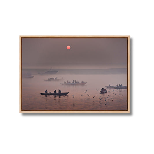 Varanasi Ganga Ghats – Winter Morning Fog, Silhouettes & the Crimson Sun | Fine Art Wall Photography Print