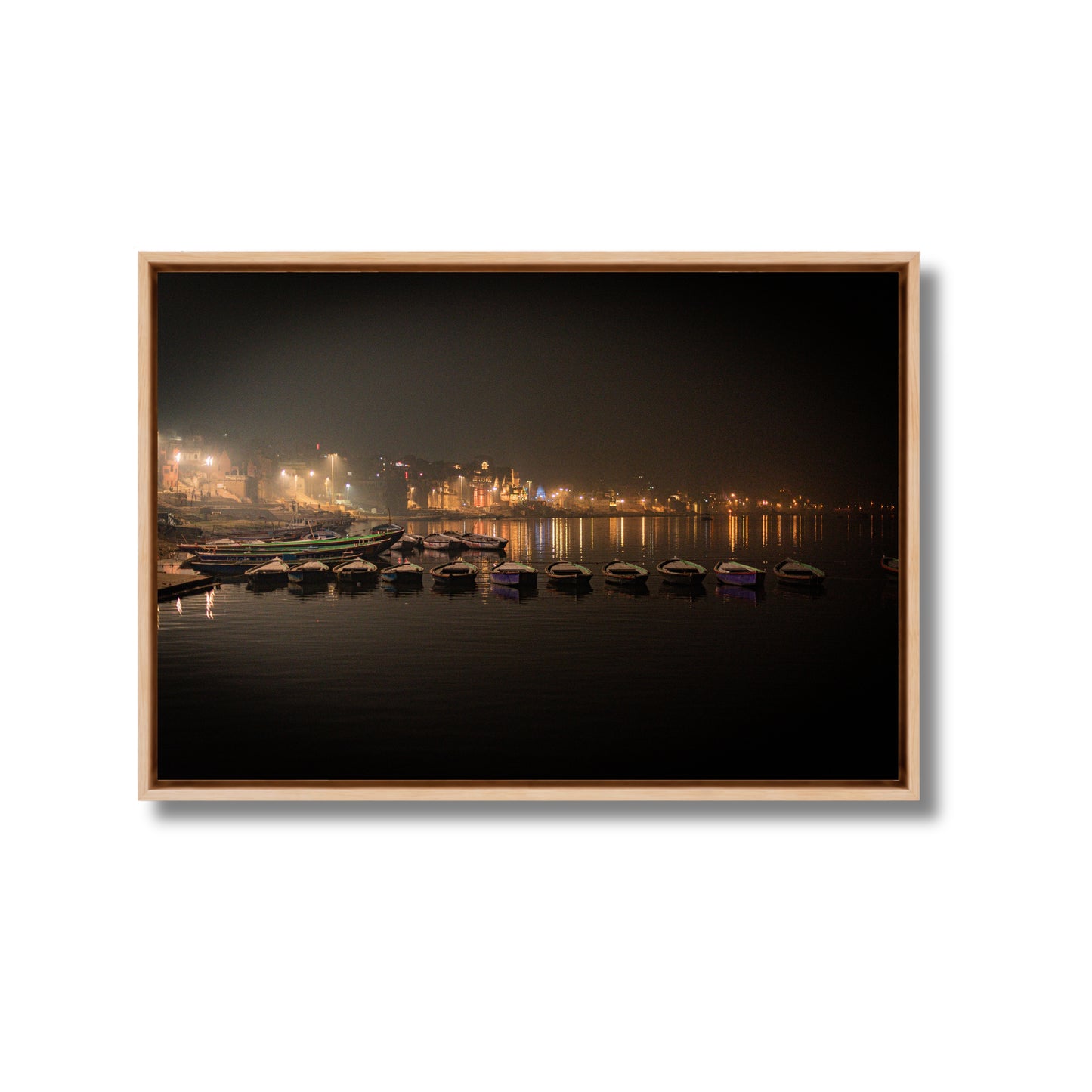 Varanasi Ganga Ghats – Boats at Rest, City Lights & the Sacred River at Night | Fine Art Wall Photography Print