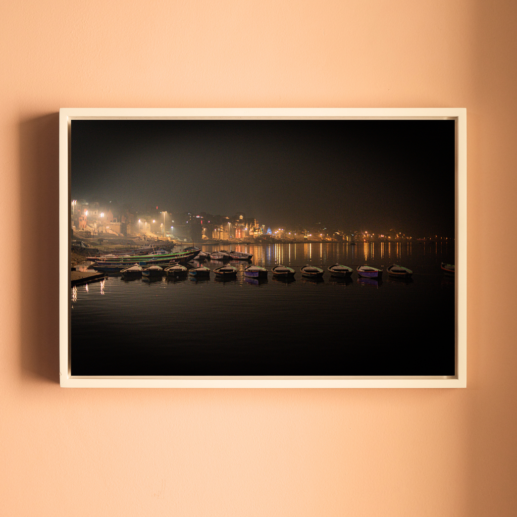 Varanasi Ganga Ghats – Boats at Rest, City Lights & the Sacred River at Night | Fine Art Wall Photography Print