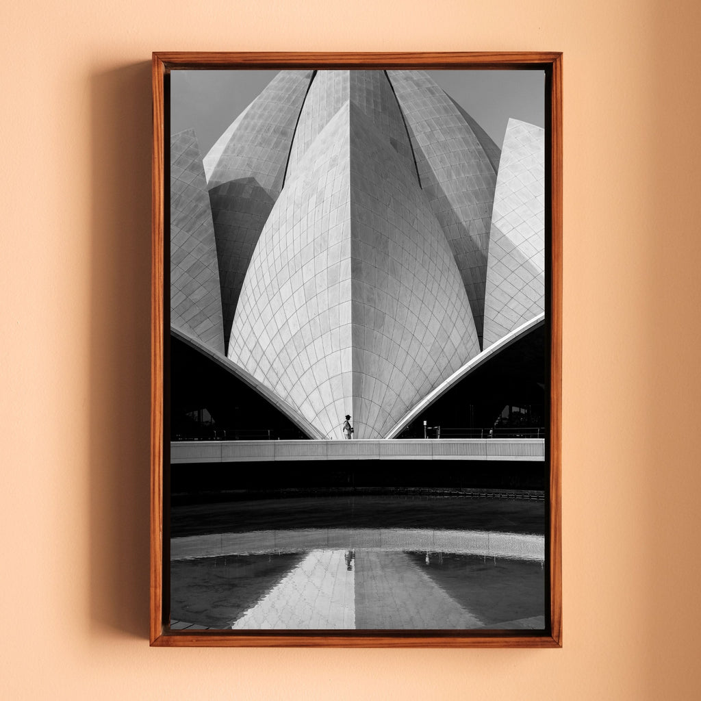 Lotus Temple Delhi – Concrete Petals, Shadow & Pool Reflection | B&W Architectural Fine Art Wall Photography Print