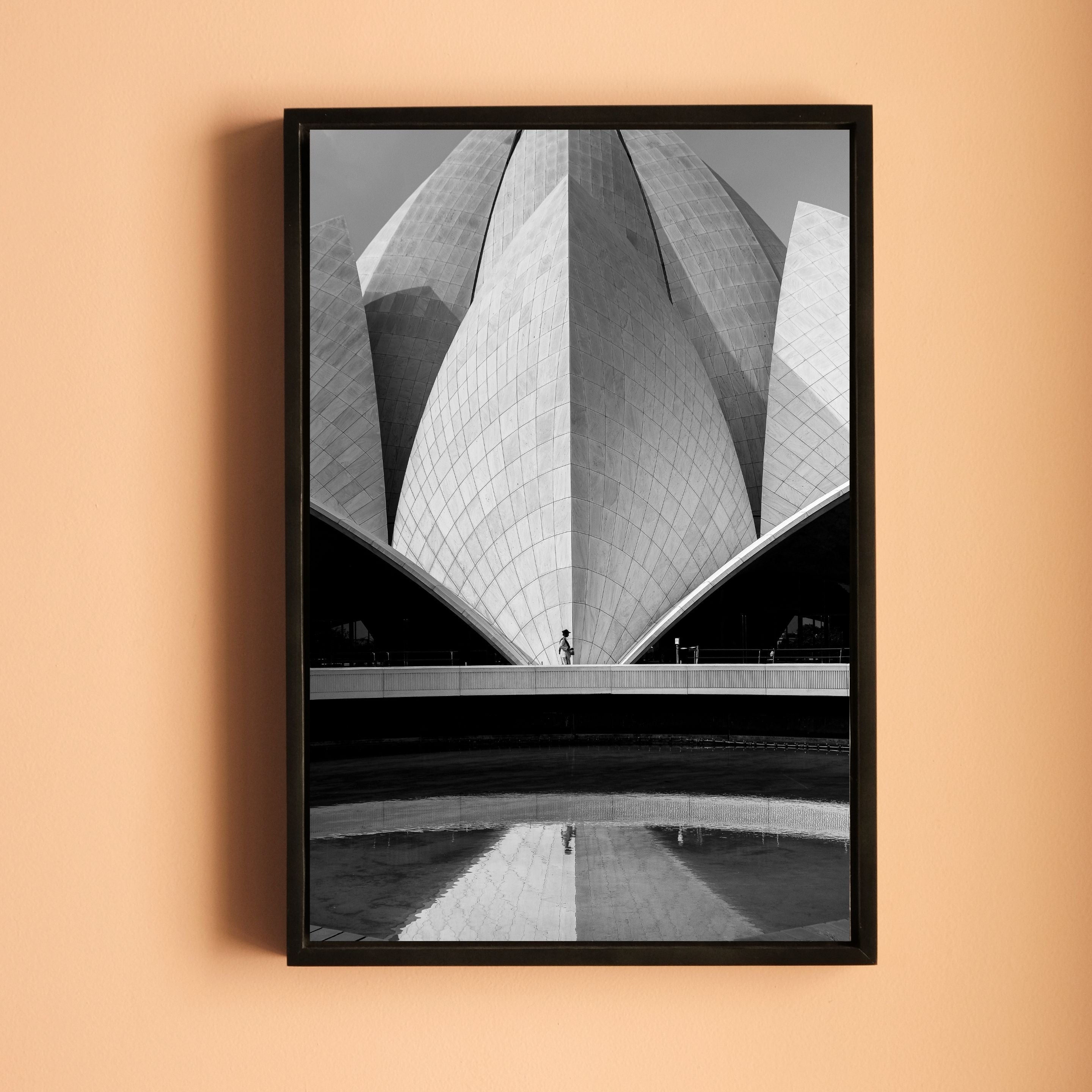 Lotus Temple Delhi – Concrete Petals, Shadow & Pool Reflection | B&W Architectural Fine Art Wall Photography Print