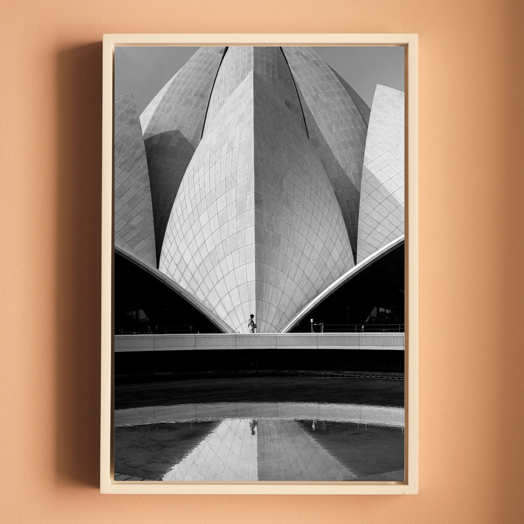Lotus Temple Delhi – Concrete Petals, Shadow & Pool Reflection | B&W Architectural Fine Art Wall Photography Print