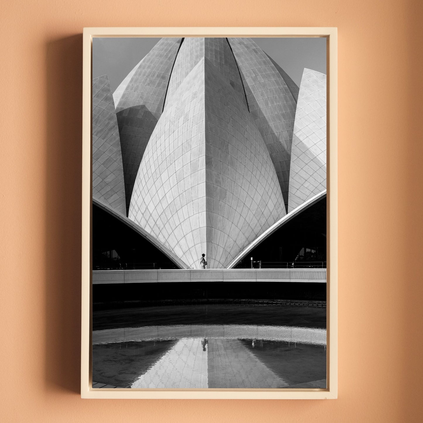 Lotus Temple Delhi – Concrete Petals, Shadow & Pool Reflection | B&W Architectural Fine Art Wall Photography Print