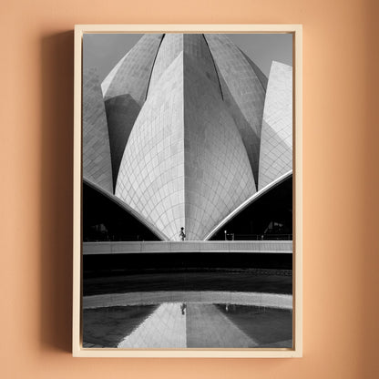 Lotus Temple Delhi – Concrete Petals, Shadow & Pool Reflection | B&W Architectural Fine Art Wall Photography Print