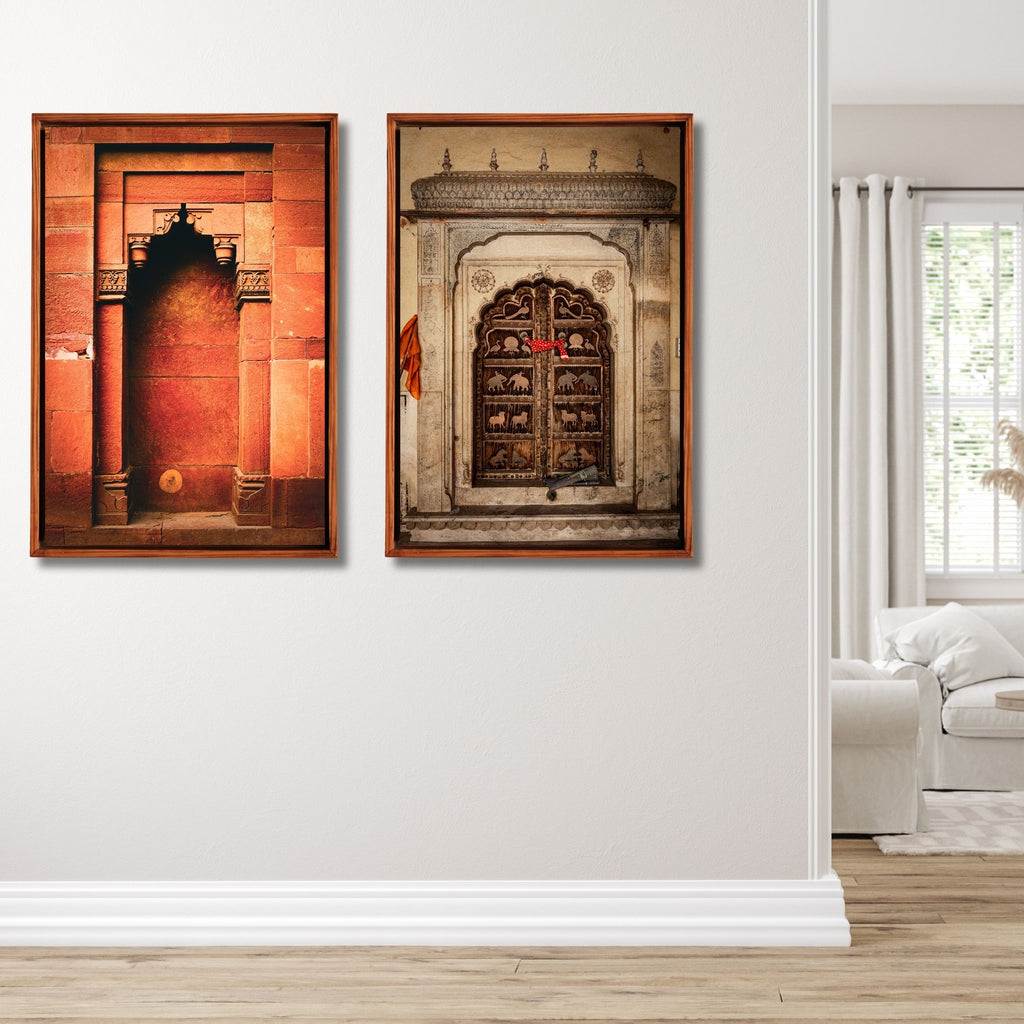 Jaipur Medieval Temple Door – Chhatri Canopy & Dark Brown Doors | Heritage Presence Fine Art Wall Photography Print
