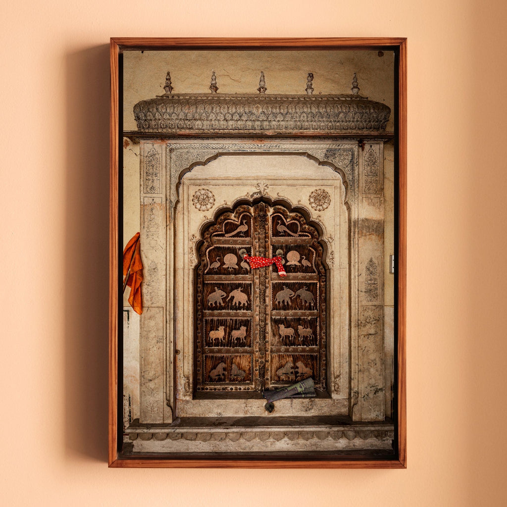 Jaipur Medieval Temple Door – Chhatri Canopy & Dark Brown Doors | Heritage Presence Fine Art Wall Photography Print