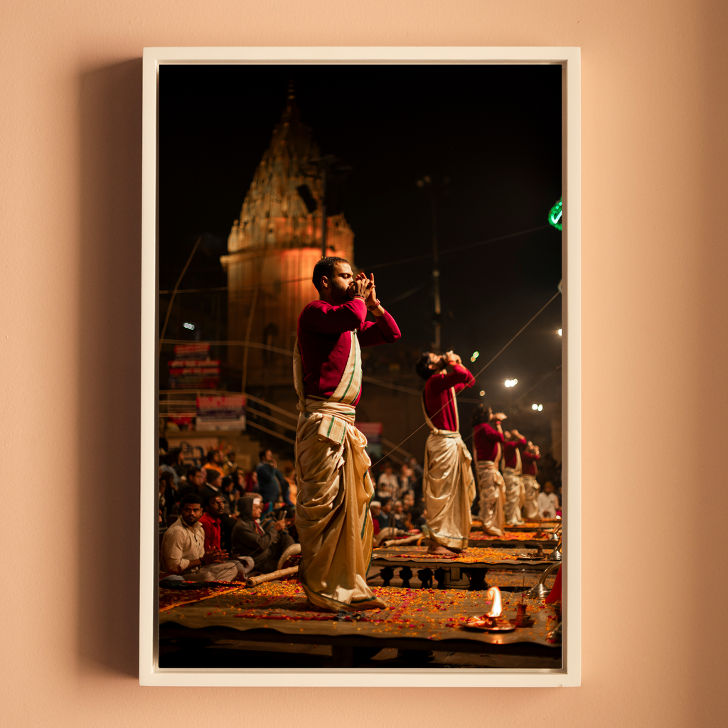 Varanasi Ganga Ghats – Ethereal Aarti | Conch, Fire & Bhakti at Its Peak | Fine Art Wall Photography Print