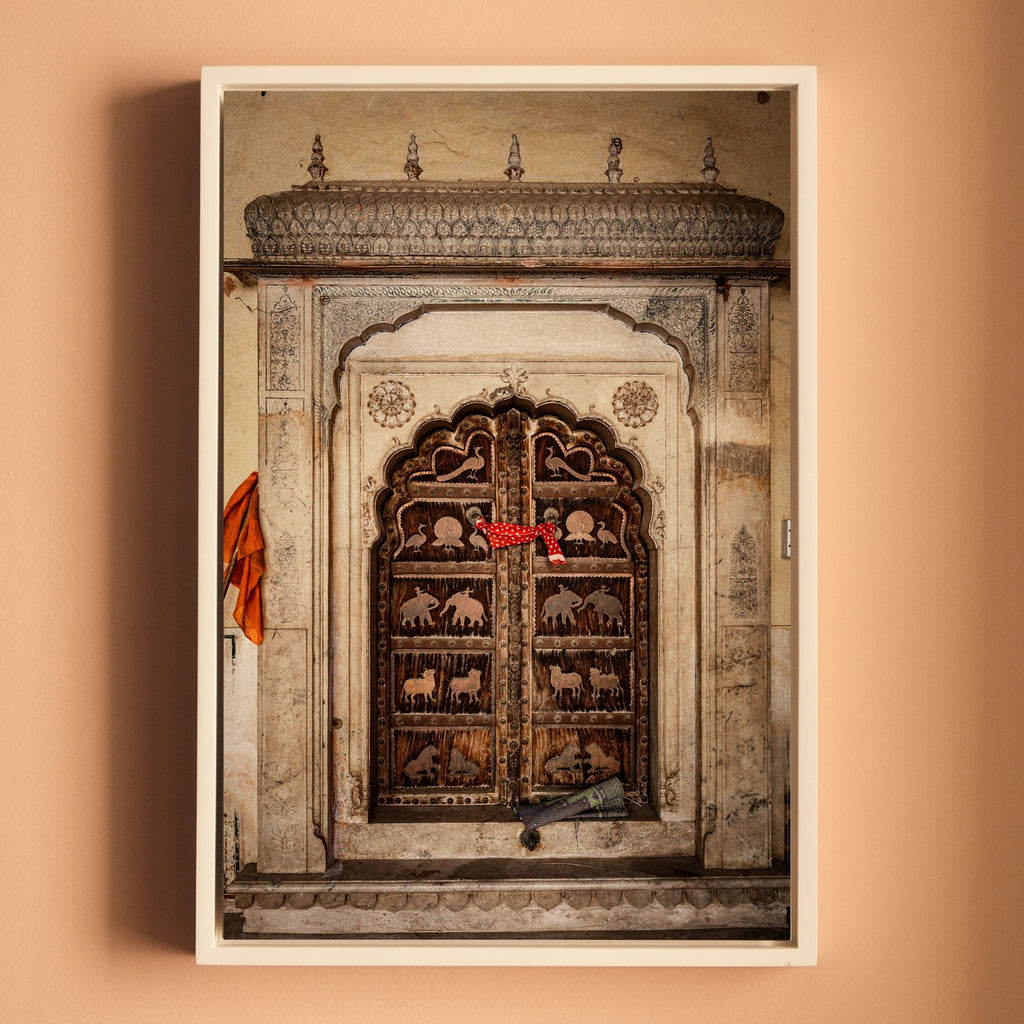 Jaipur Medieval Temple Door – Chhatri Canopy & Dark Brown Doors | Heritage Presence Fine Art Wall Photography Print